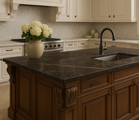 Golden Root natural marble slab with polished finish, 75-inch by 110-inch (57.29 sq. ft.), featuring warm gold and beige veining on a creamy background—perfect for luxury countertops and interior surfaces.