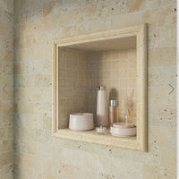 Ivory Honed Andorra Travertine molding with sculpted curve from Sapphirus Stone Toronto. Ideal for backsplash caps, trim edges, and wall accents.