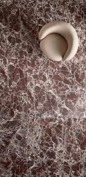Rosso Levanto Marble tile with rich burgundy tone and white veining from Sapphirus Stone in Toronto. Ideal for luxury walls, floors, and bathrooms.