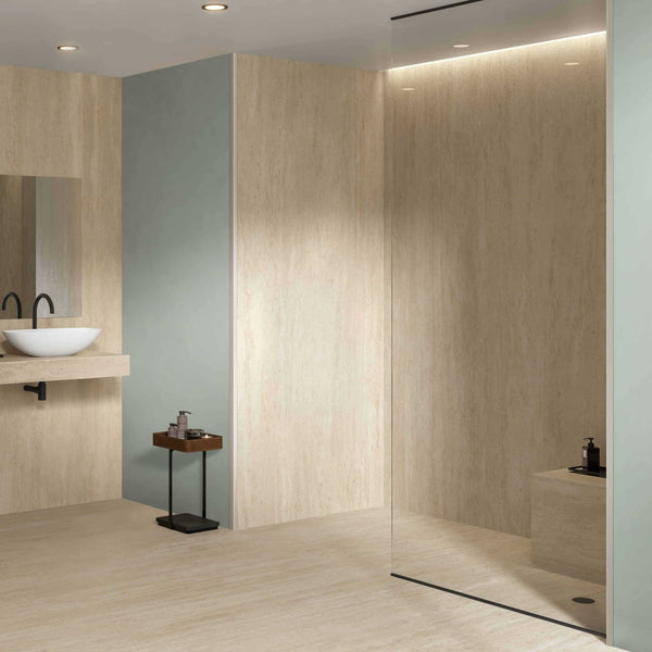 Travertine Marvel Light large-format porcelain floor tile in modern architectural interior