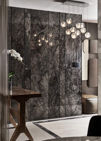 Polished Black Silk Marble tile with white veining from Sapphirus Stone in Toronto. Perfect for elegant walls, floors, and luxury design accents.