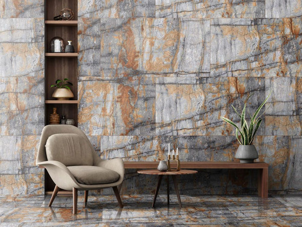 Blue Jeans marble-look floor and wall tile, 24-inch x 48-inch, polished and rectified finish