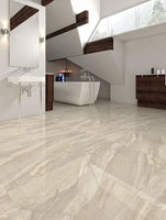 Sapphirus Stone Canyon Oro beige marble-look porcelain tile, polished finish in 12x24, 24x24, 24x48